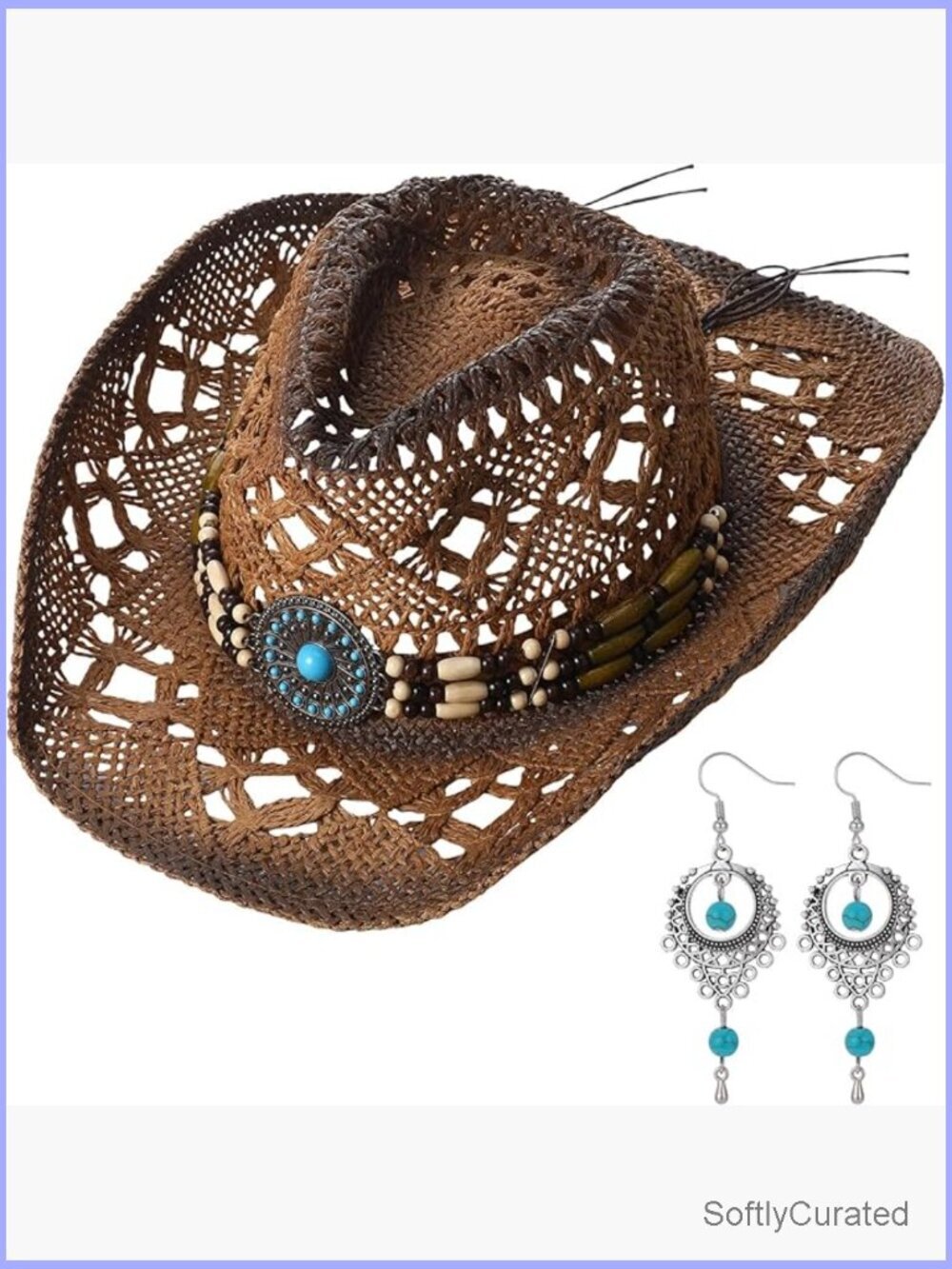 Western Straw Cowboy Hat with Decorative Bands and Earrings